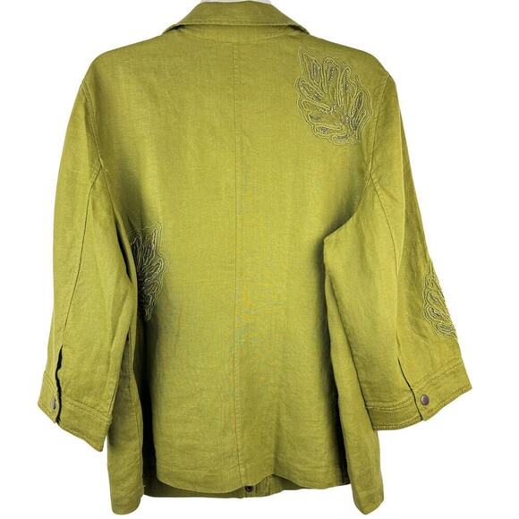 Chico's Jacket Womens 16/18 Olive Green 100% Linen Beaded Zip Front Snap Collar - Picture 3 of 10